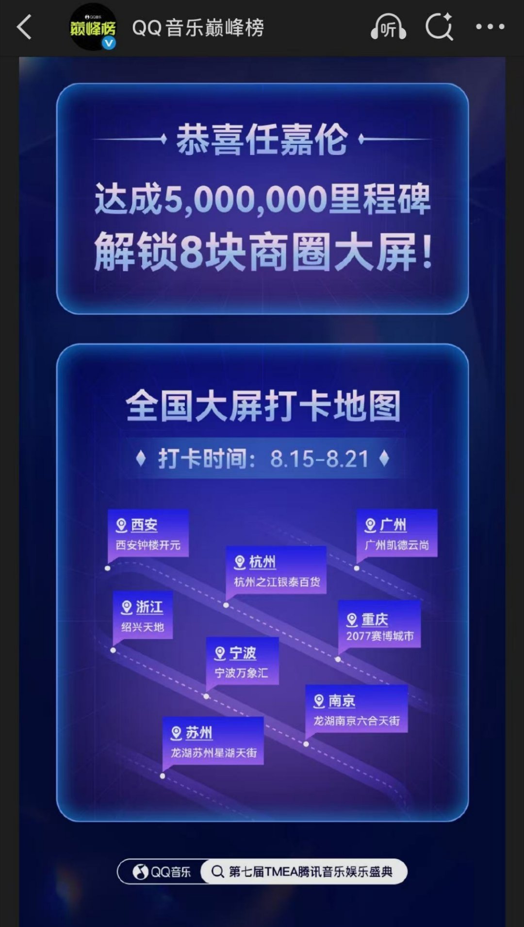 恭喜🎉任嘉伦🎉达成5,000,000里程碑解锁8块商圈大屏！全国大屏打卡地图