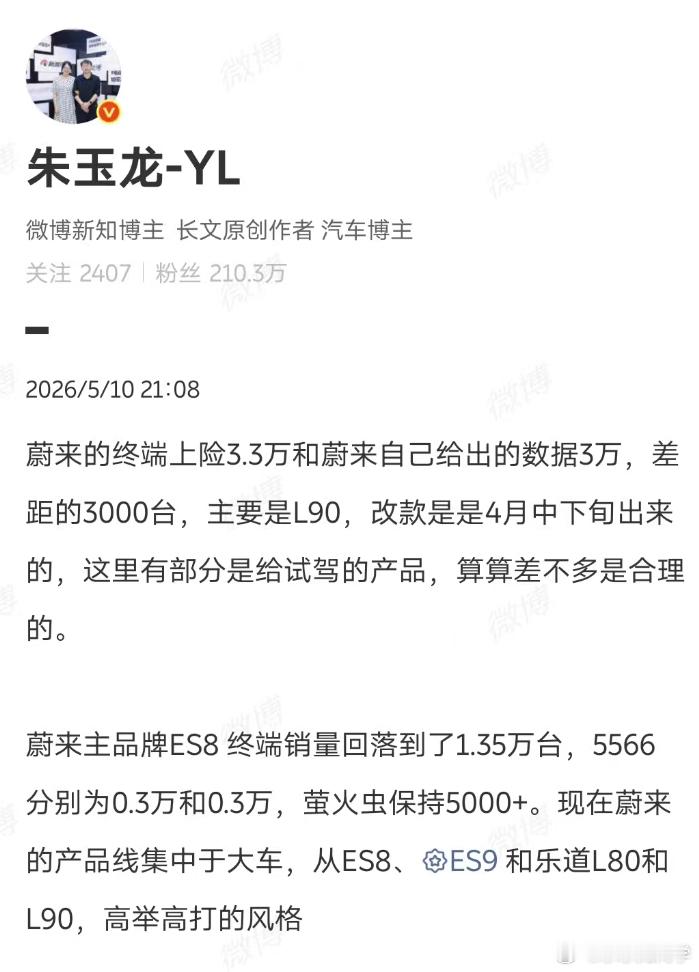 蔚来公布的交付量，一直没有算试驾车的量，其实在车上市初期要吃点点亏，尤其是展车试