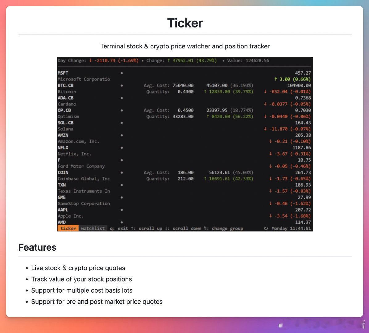日常交易需要实时监控股票、加密货币和衍生品价格，普通工具往往界面复杂且切换不便。
