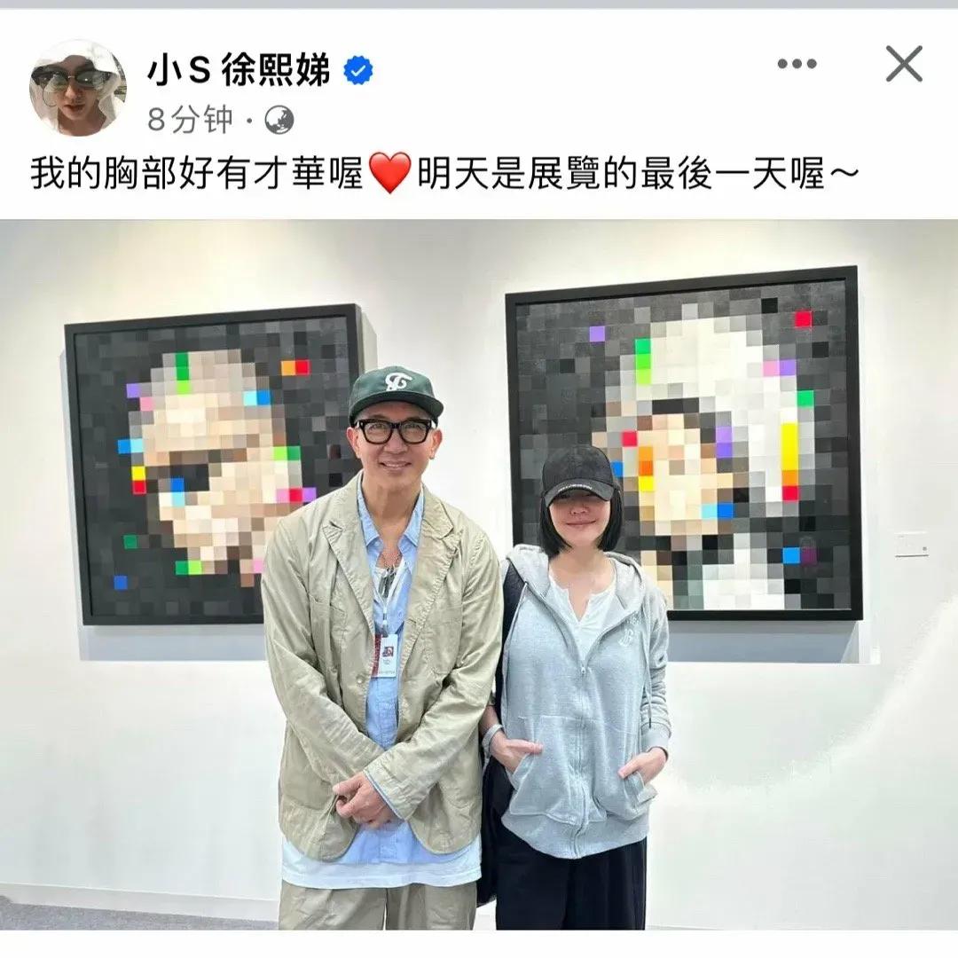 小S去看了具俊晔的画展，在两张马赛克照片前面留影。
一个画展5张画，其中两张马赛