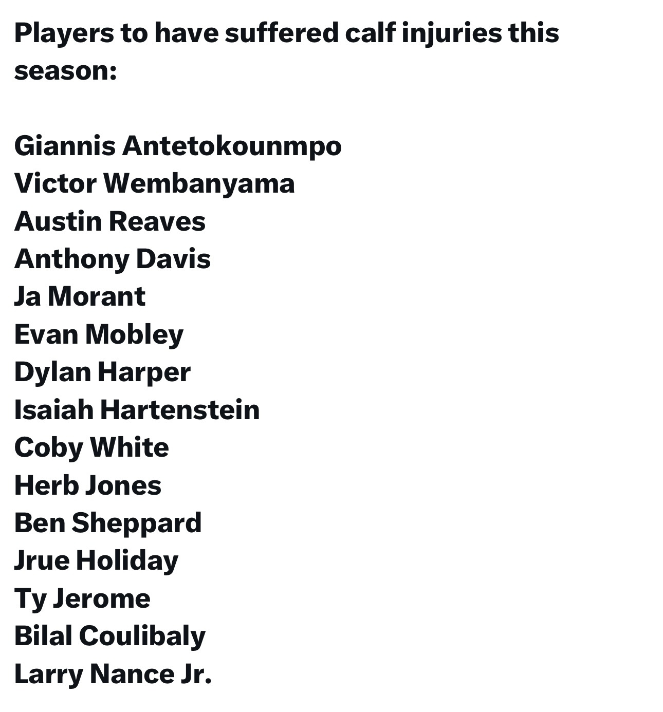 本赛季至今遭遇过“小腿拉伤”的球员们：字母哥，文班亚马，里夫斯，浓眉，莫兰特莫布
