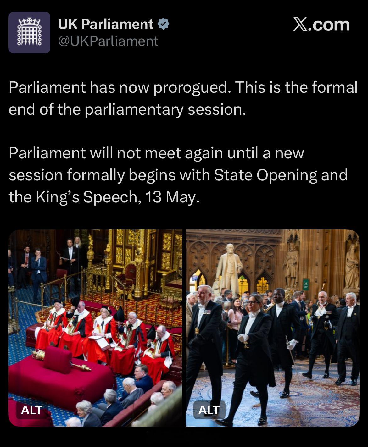 议会宣布这届议会正式结束，新一届议会将于5月13日开始，届时查尔斯三世将会在议会