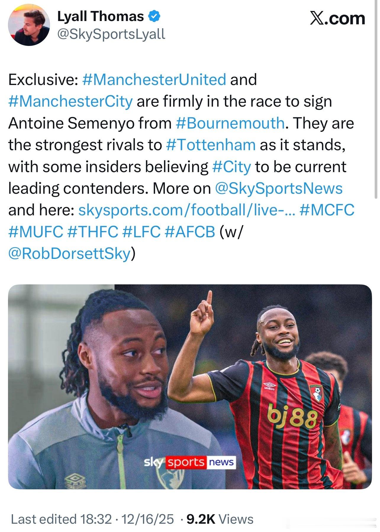 好像没我军的事了，现在有些业内人士认为曼城领跑塞梅约冬窗的签约。