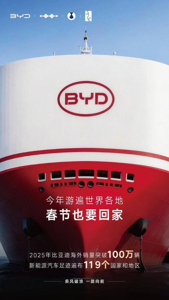 比亚迪2025年海外销量破100万辆 恭喜！中国新能源汽车的排面