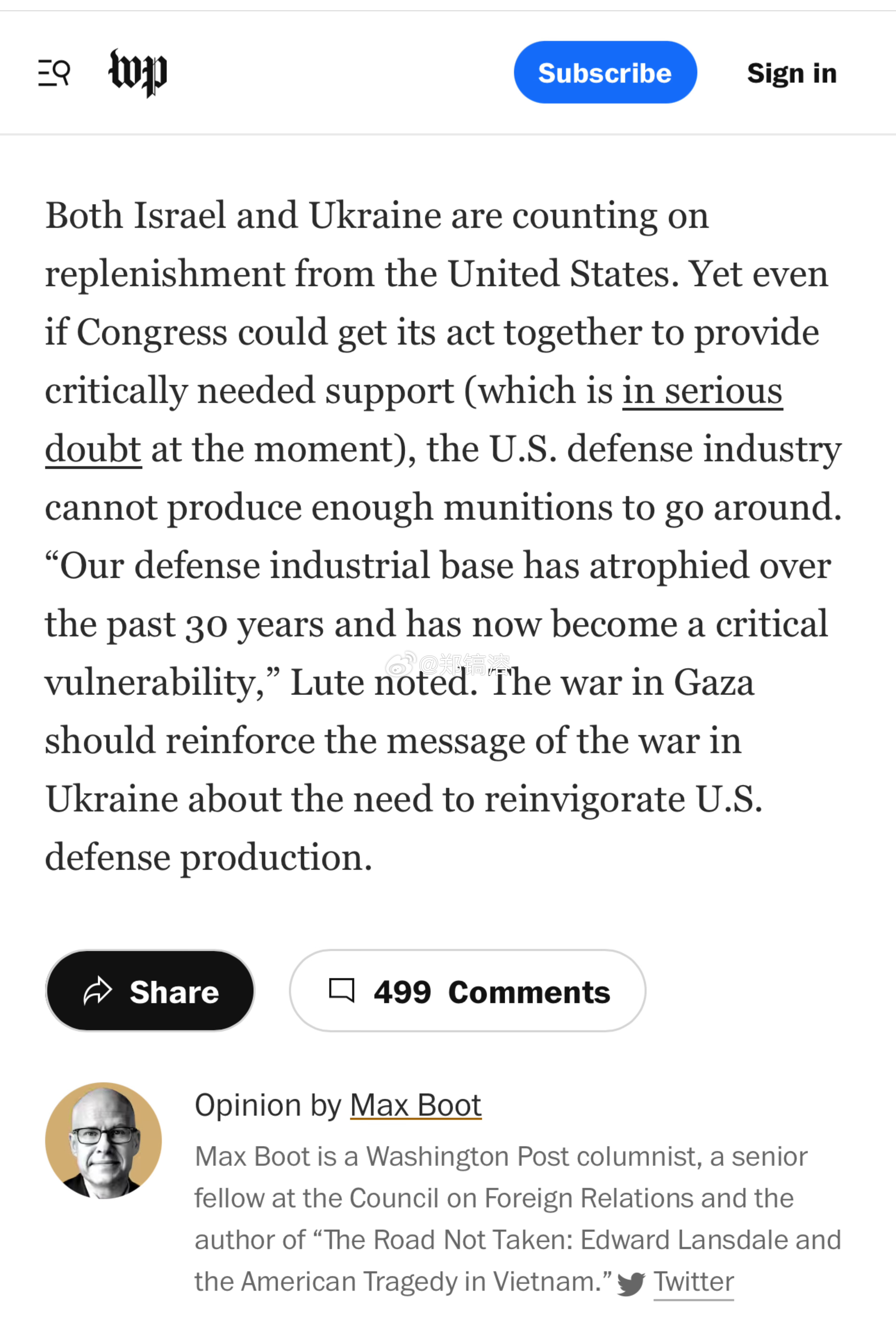 《华盛顿邮报》：以色列和乌克兰都指望美国的补给。然而，即使美国国会能够齐心协力提