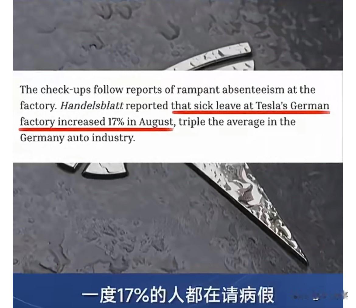 国内企业要这样早就倒闭了！
据《凤凰卫视》消息，特斯拉德国工厂员工请假率高达17