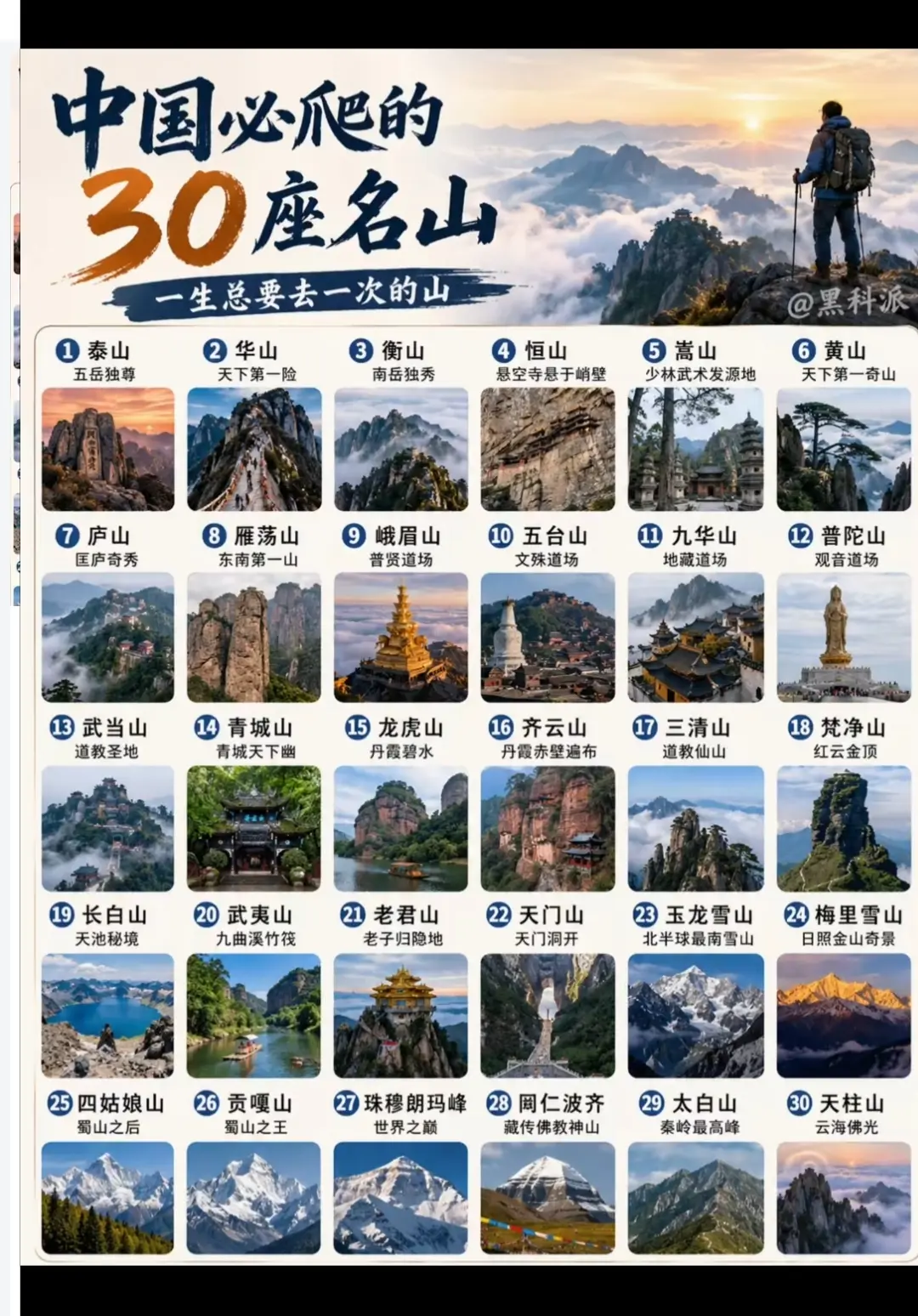 中国必爬的30座名山，你爬过那座？评论区告诉我！