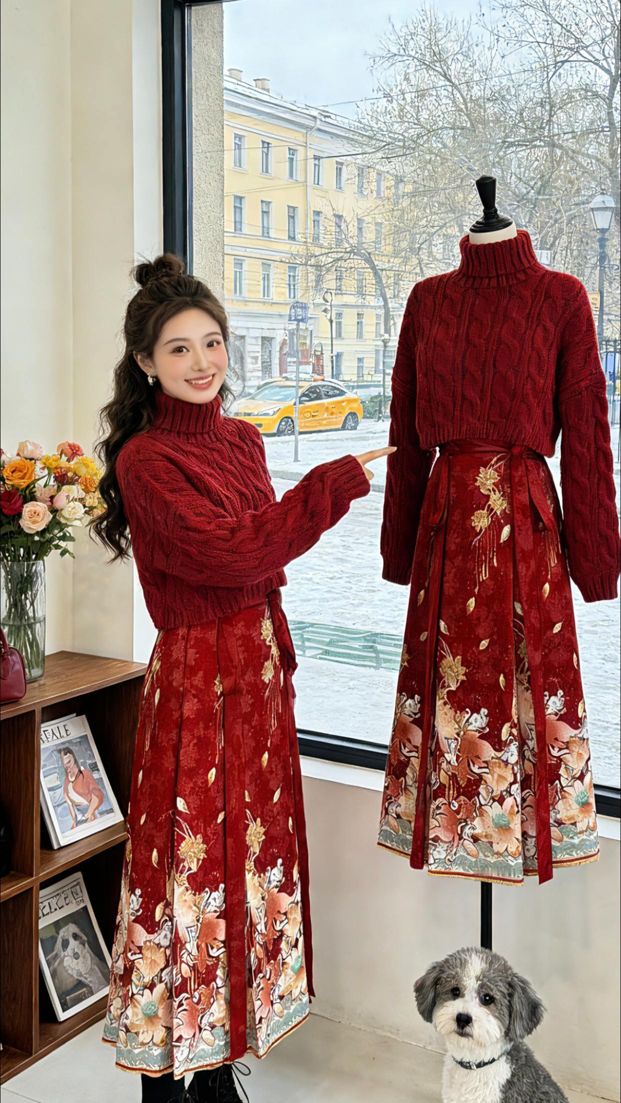 Danny穿上这套新中式红毛衣马面裙套装，在飘雪的古镇里漫步，在烟花下张开双臂笑