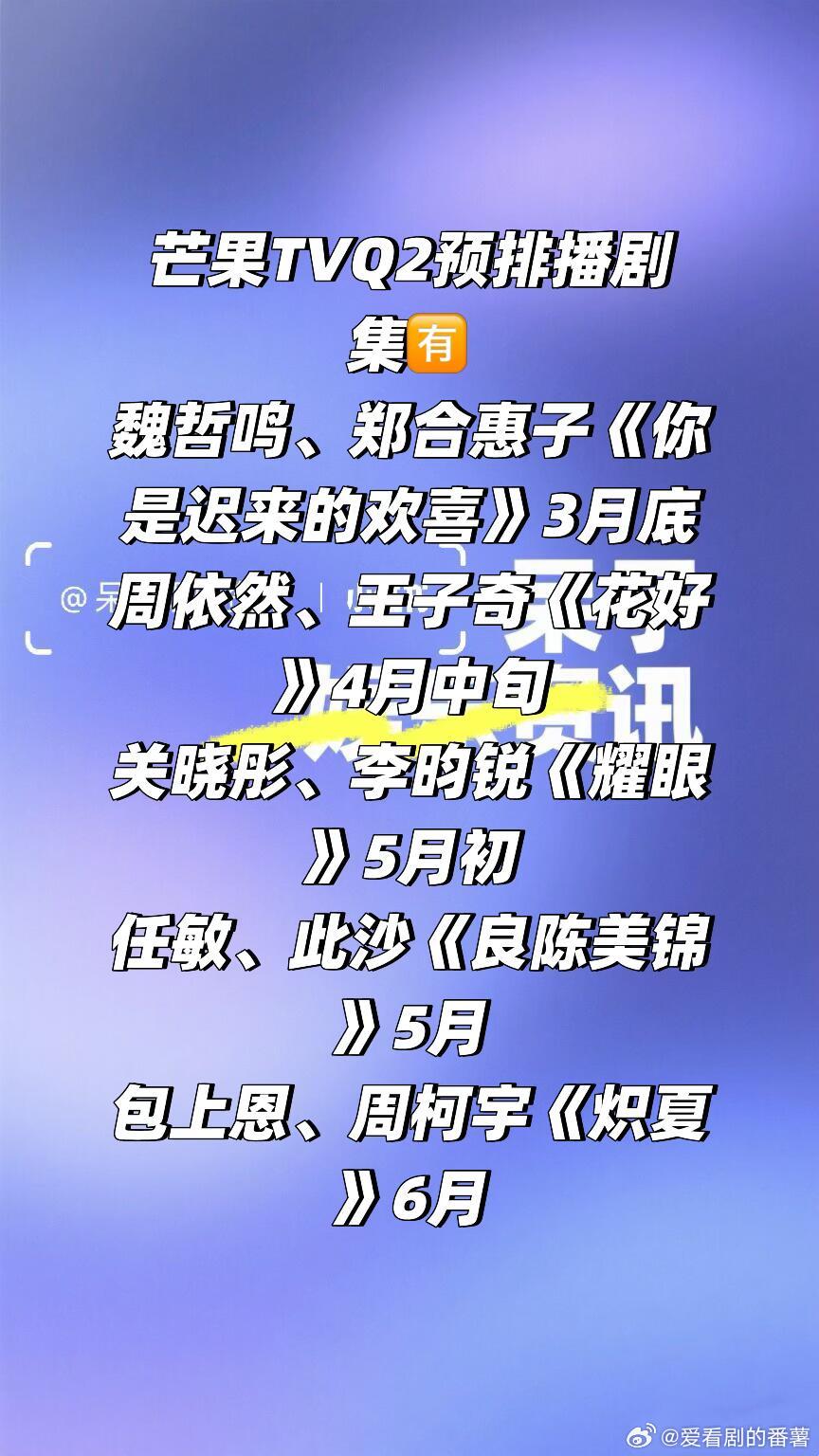 芒果TVQ2预排播剧集🈶 🍠魏哲鸣、郑合惠子《你是迟来的欢喜》3月底周依然、