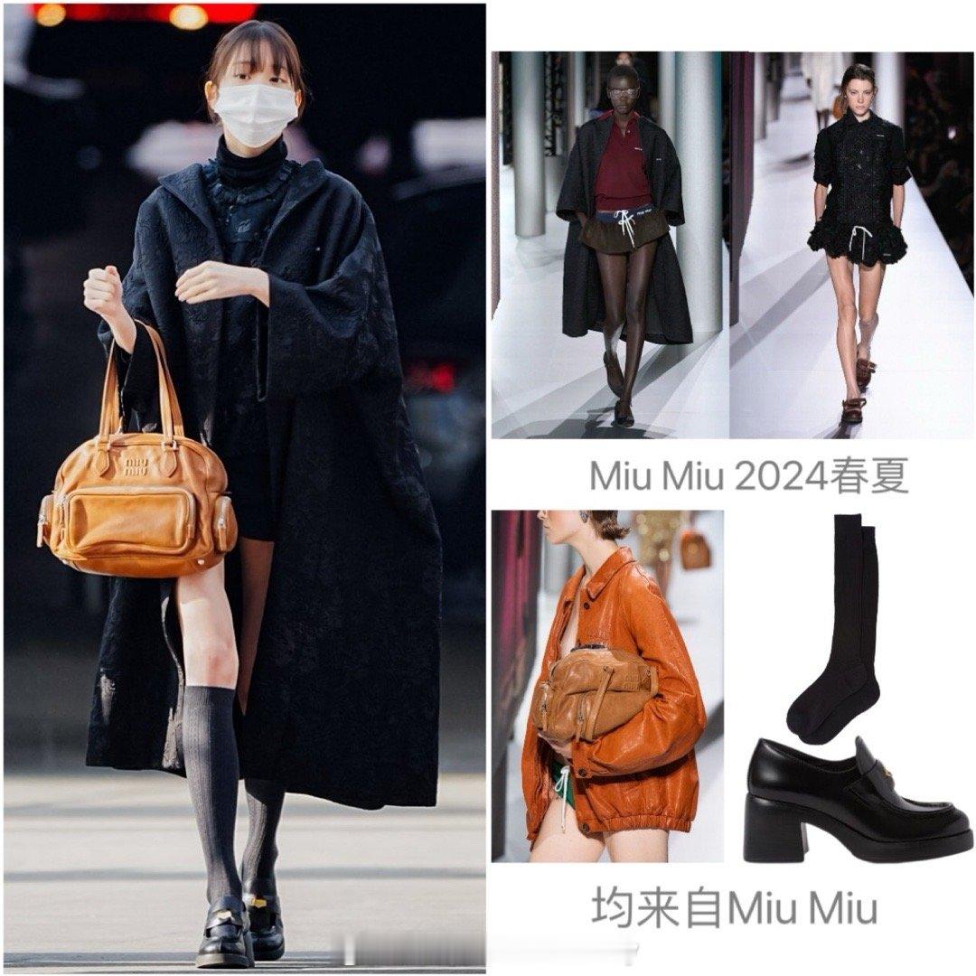 张元英今日的机场私服解析，all black风衣内搭长筒袜和乐福鞋，点缀姜黄色手