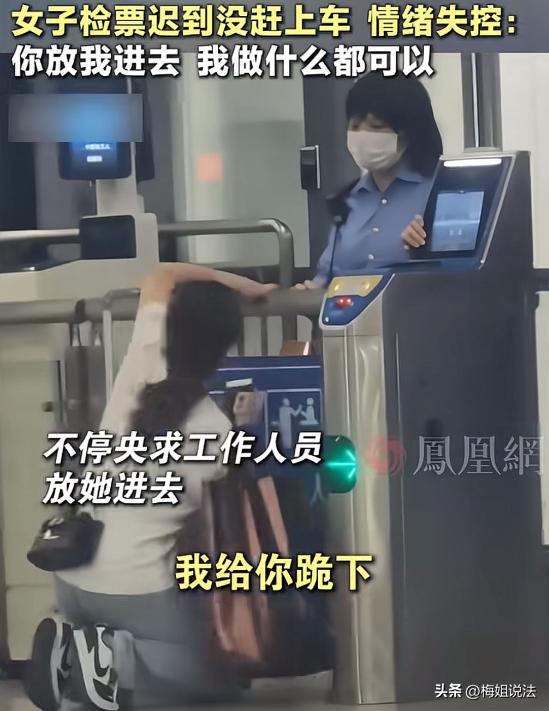 一处火车站验票闸口，一名披着外衣的女子奔到跟前，机器已经落锁，离那趟车开走只剩2