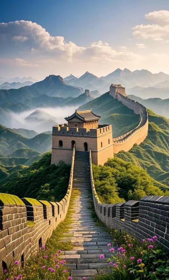 沿着长城漫步，抚摸着那历经风雨侵蚀的城墙，指尖传来粗糙而坚实的触感。城墙上的每一