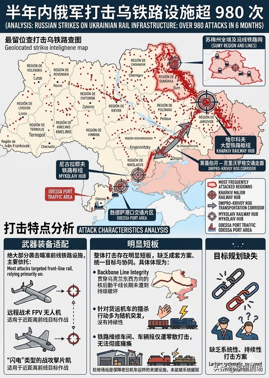 公开统计数据显示，俄军半年来针对乌克兰铁路基础设施发起的打击行动累计超 980 