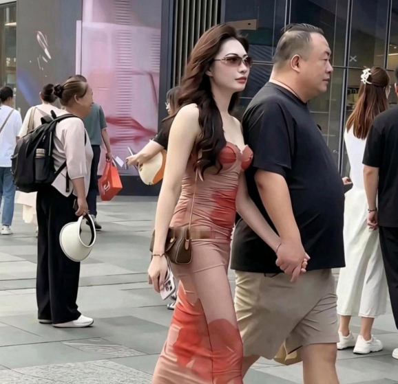 街头的一幕引来路人频频侧目。女孩容貌精致、身材出众，身边的男生其貌不扬，外形差距