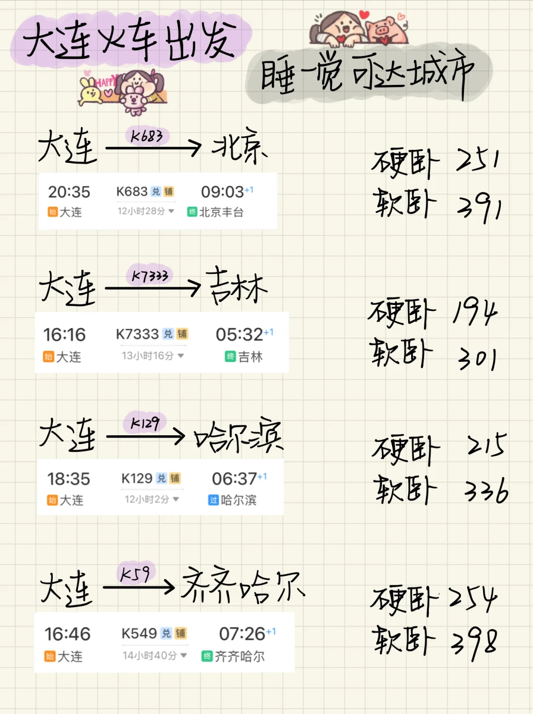 大连🚄出发 卧铺一夜可达城市