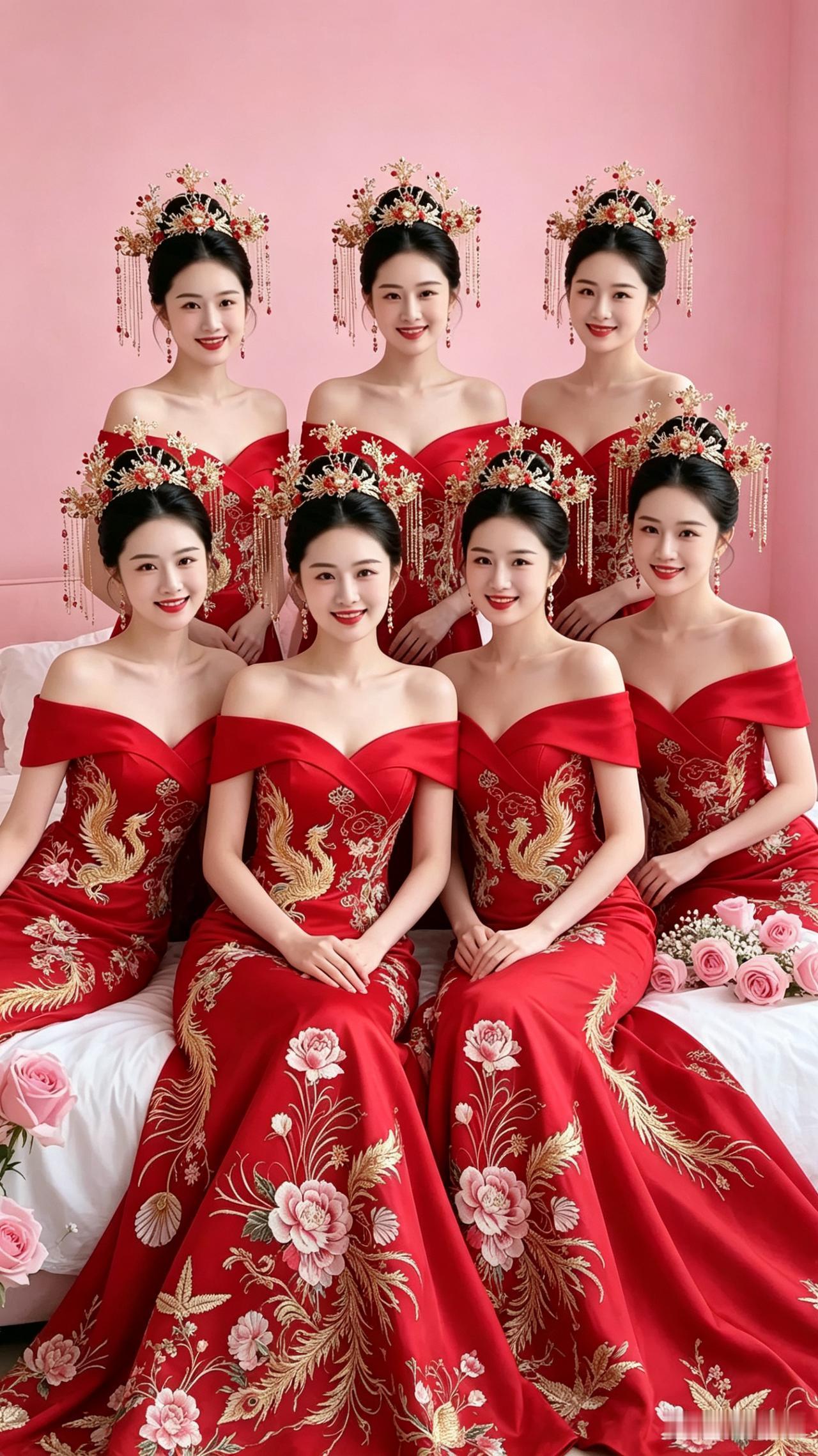 顺口打油诗
一袭红裙绣凤凰，凤冠垂珠俏模样
数名美人同入镜，姿态温婉各芬芳
众人