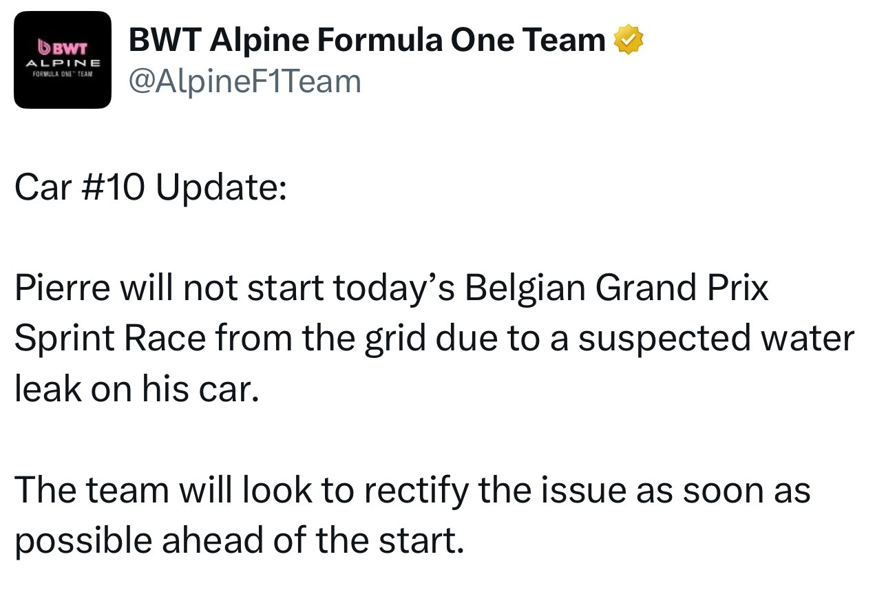 Alpine：加大师的赛车漏水，正在抢救已经确定将从维修区起步f12025f1比