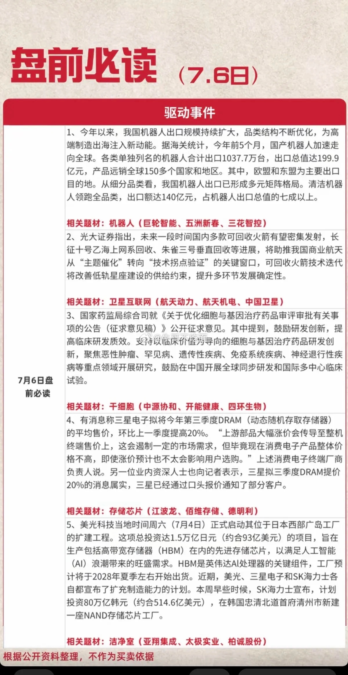 7.6周一  盘前：财经热点必读！1.机器人2.卫星互联网3.干细胞4.存储芯片