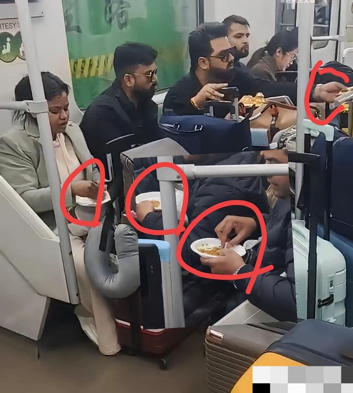 上海地铁这幕太膈应！一群印度人当众吃手抓饭还互相分享，网友怒了：难道地铁禁食规定