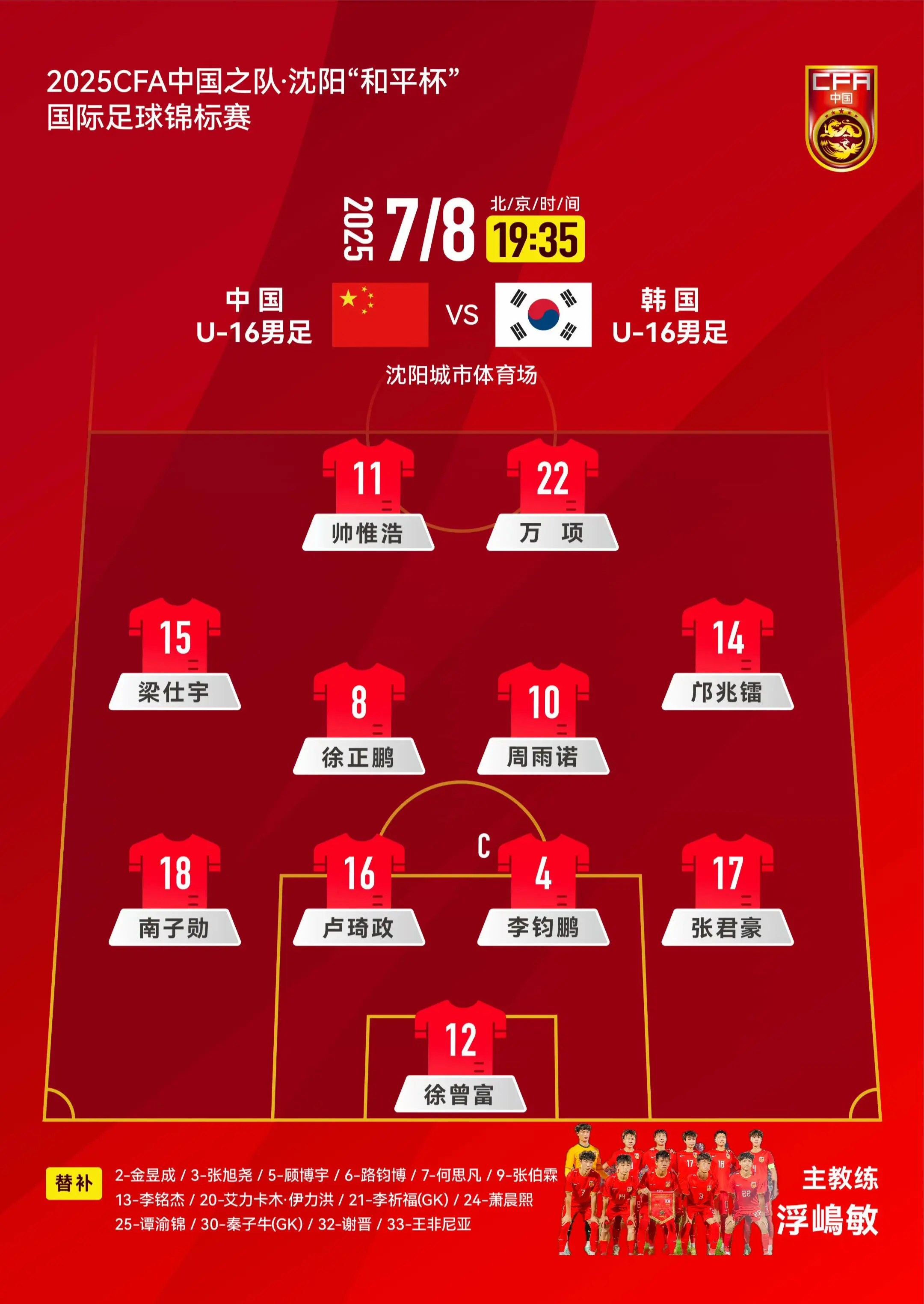 2025CFA中国之队·沈阳“和平杯”国际足球锦标赛中国U16男足VS...