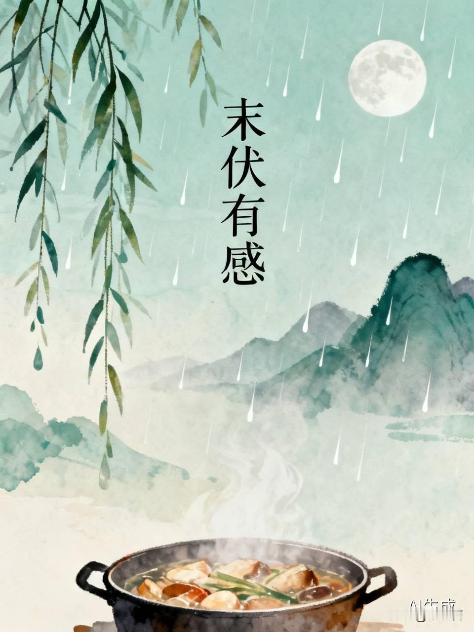 末伏有感
 
三伏收官暑渐柔，
残蝉疏柳唤清秋。
烹羹老鸭除余燥，
煮粥山药健脾