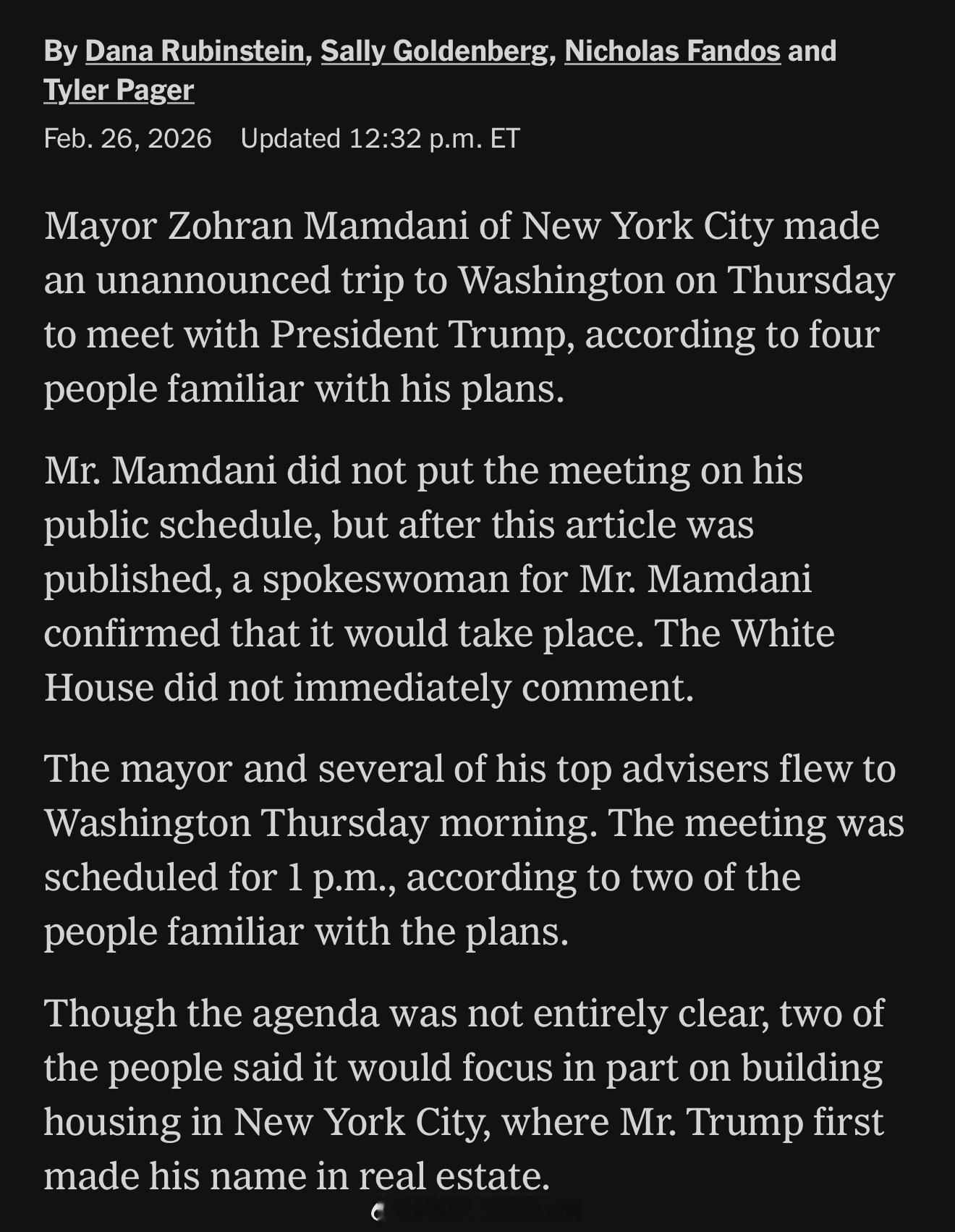 Mamdani今天早上悄悄到华盛顿，中午将见川普，具体目的未知，但很可能是关于住