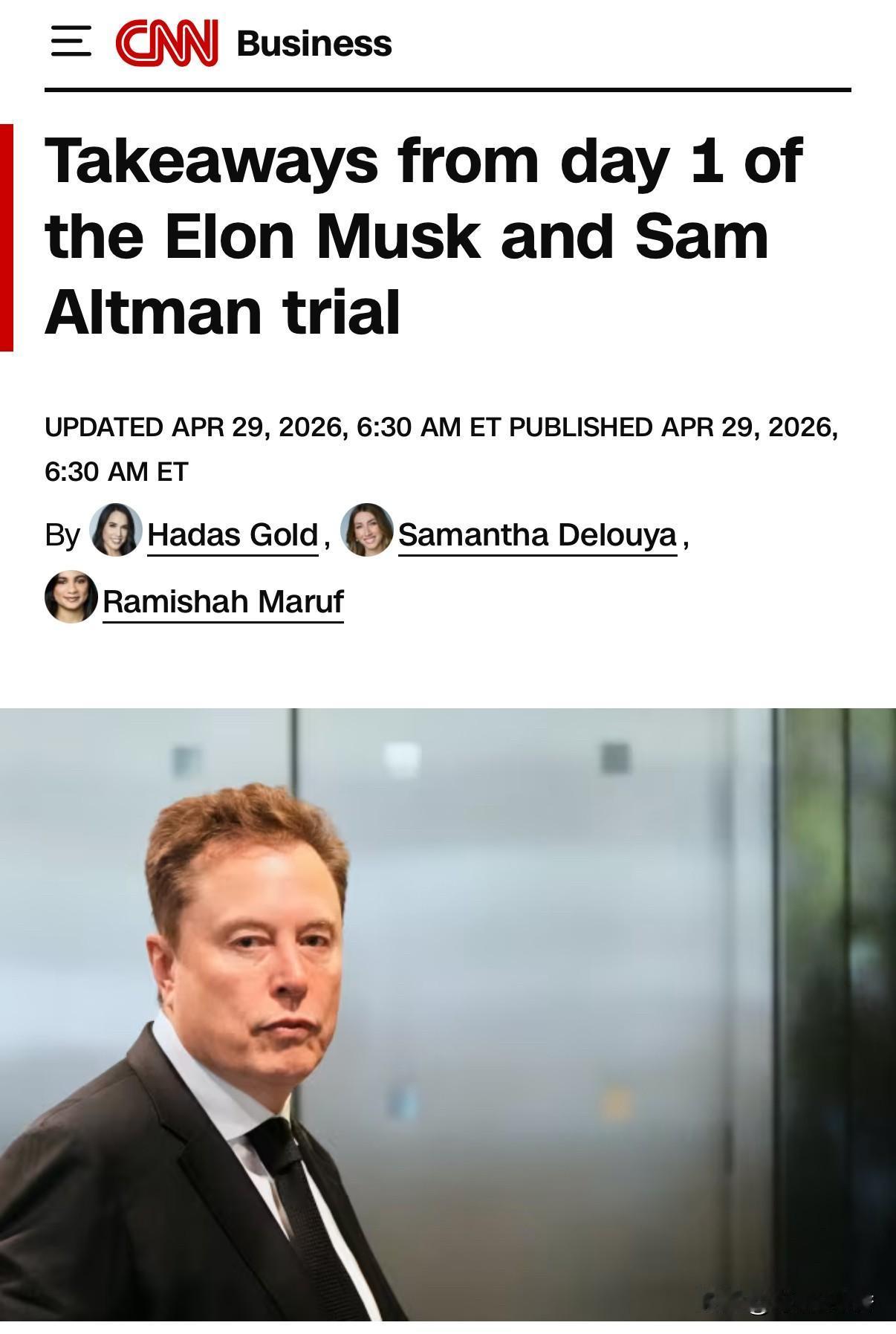 美媒报道了，埃隆·马斯克和山姆·奥特曼开庭审判第一天的情况。
   不谈对二人的