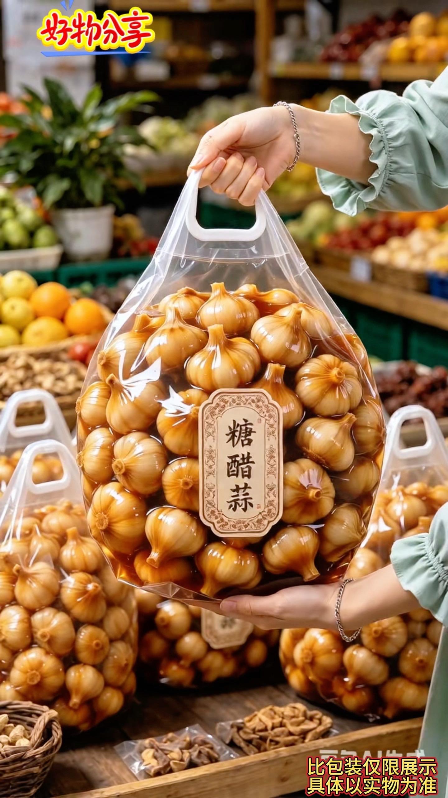 这可是我们家的爆款产品，好多老顾客都是几箱几箱的囤！这就是我们的糖醋蒜...