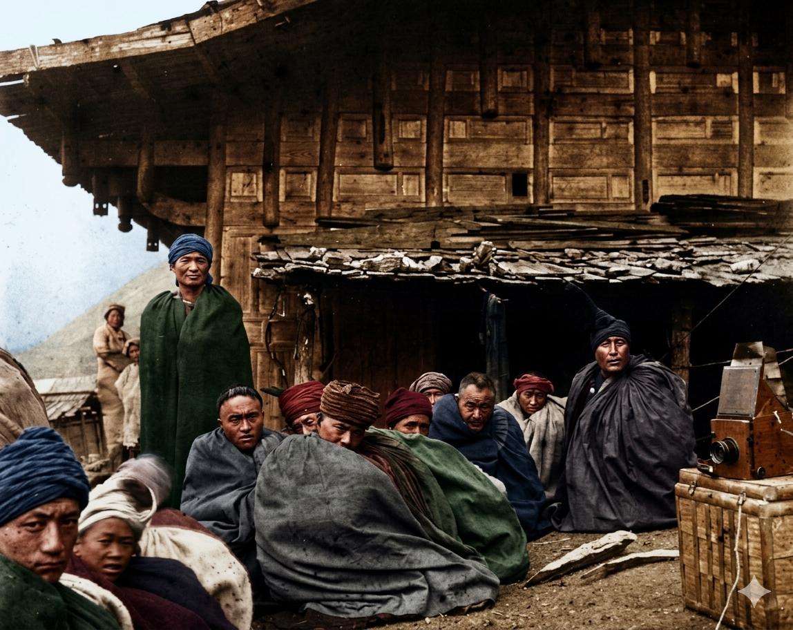 民初，四川，当地人身着厚重的衣服，大部分裹着粗布长袍，围坐、站立在木屋前，神情肃