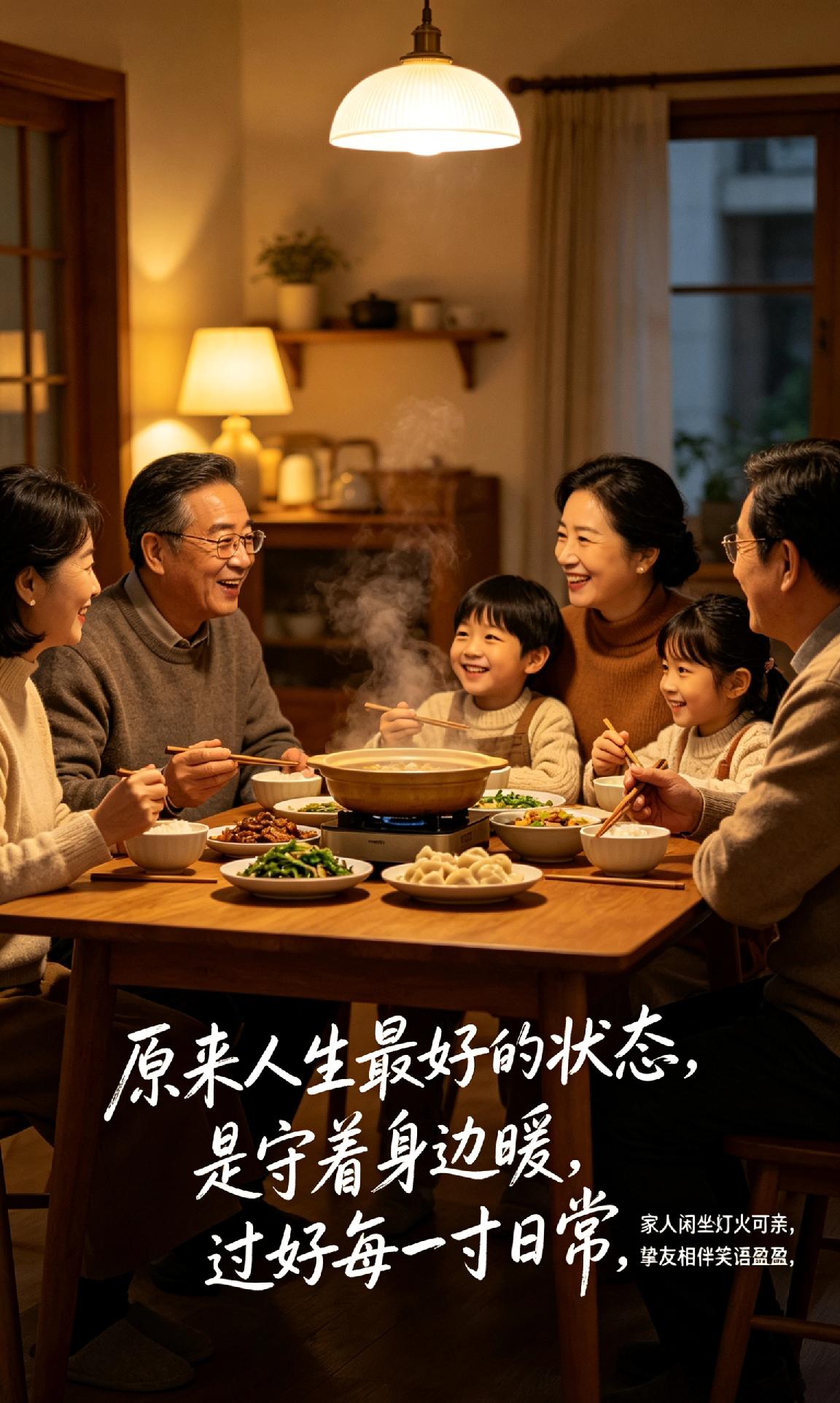 原来人生最好的状态，是守着身边暖，过好每一寸日常。家人闲坐灯火可亲，挚友相伴笑语