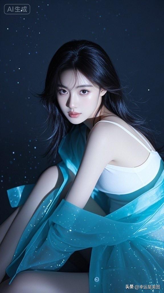 梦幻蓝光下的少女，珍珠项链闪耀，宛如天上的仙女。