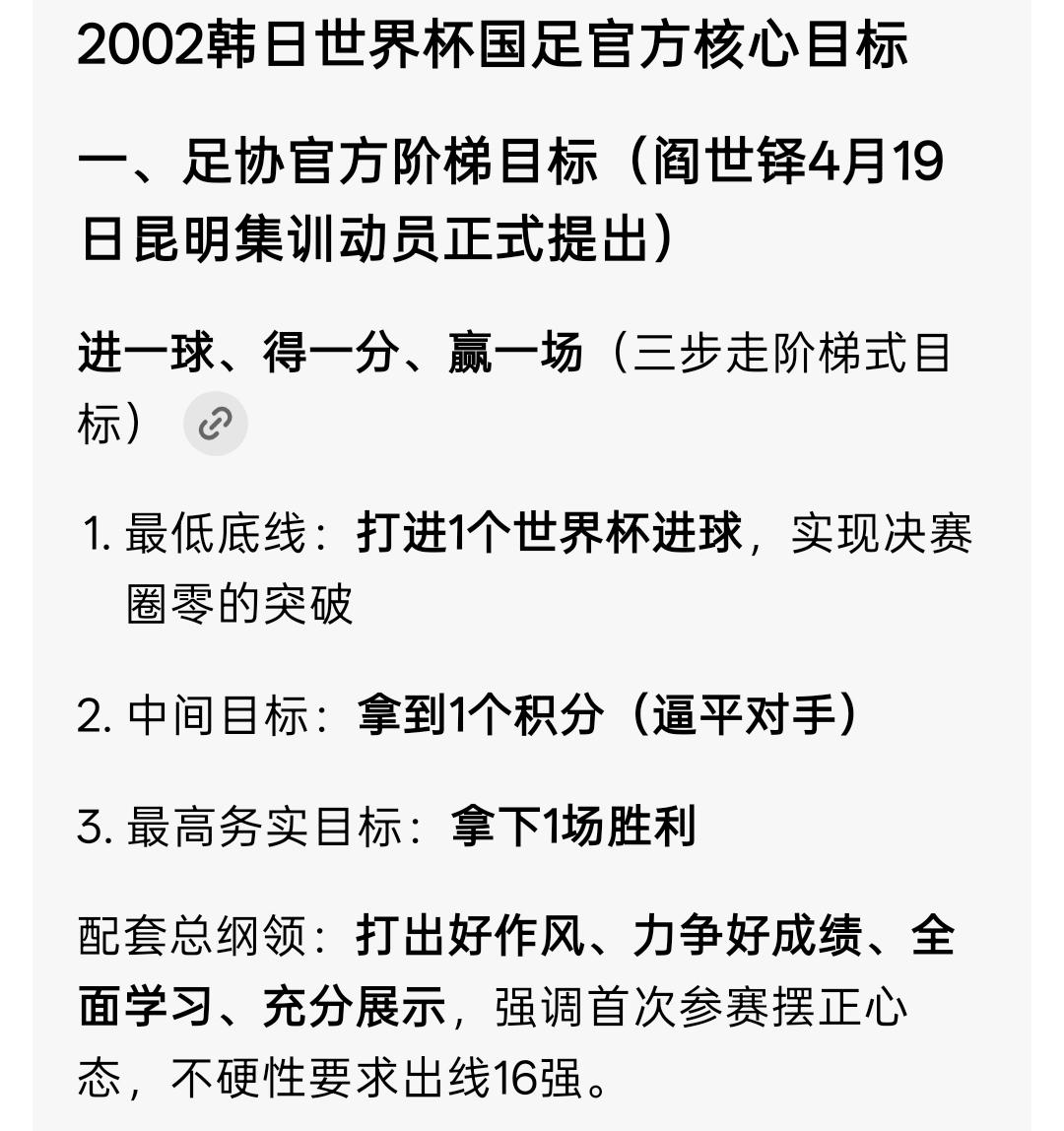 还记得中国男足在2002年世界杯上定的目标吗：进一球、得一分、赢一场！
虽然中国