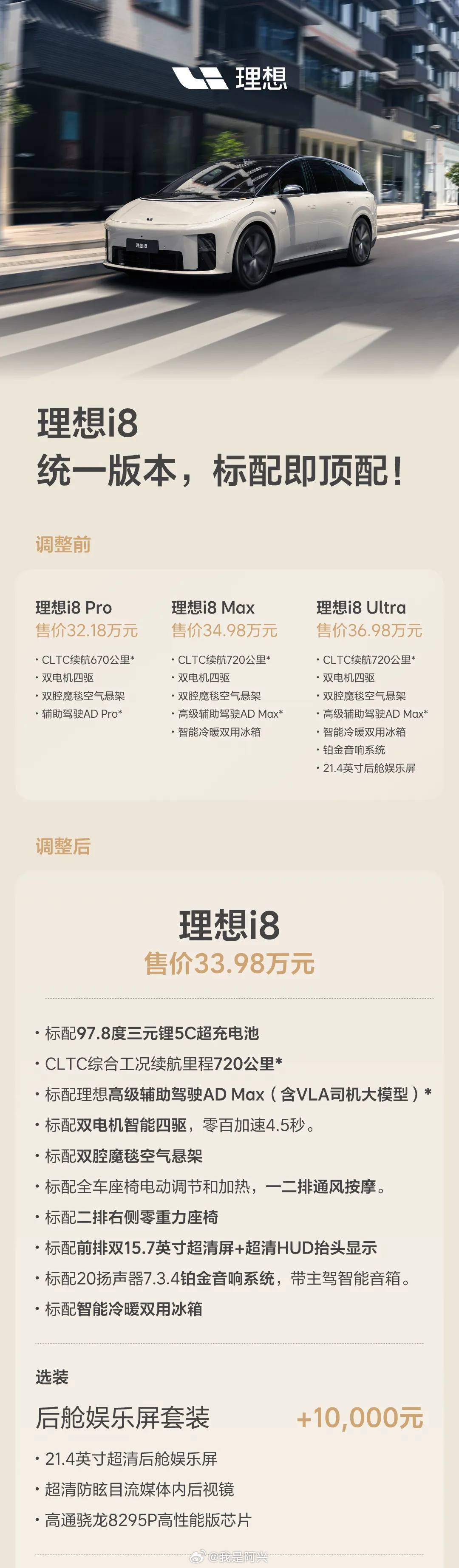 理想汽车决定统一配置版本——以理想i8 Max作为标准配置，并将售价从34.98