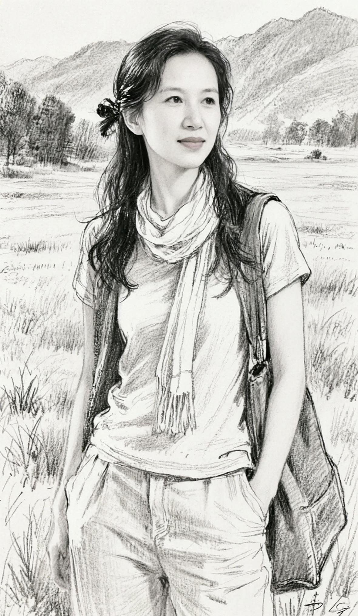 这幅画里的小姐姐，眼神里全是故事，感觉她能看穿你的小心思。背着个大包，仿佛随时准