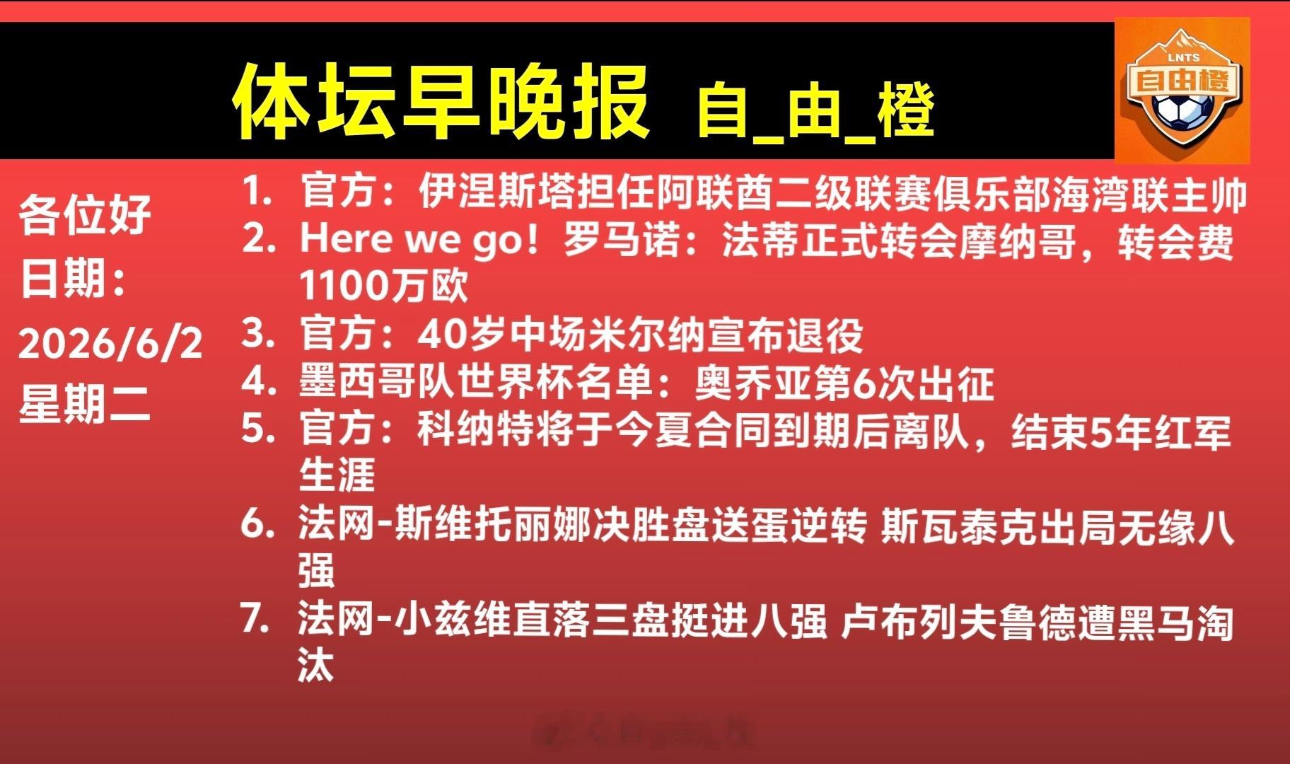 自由橙每日橙语体坛早晚报