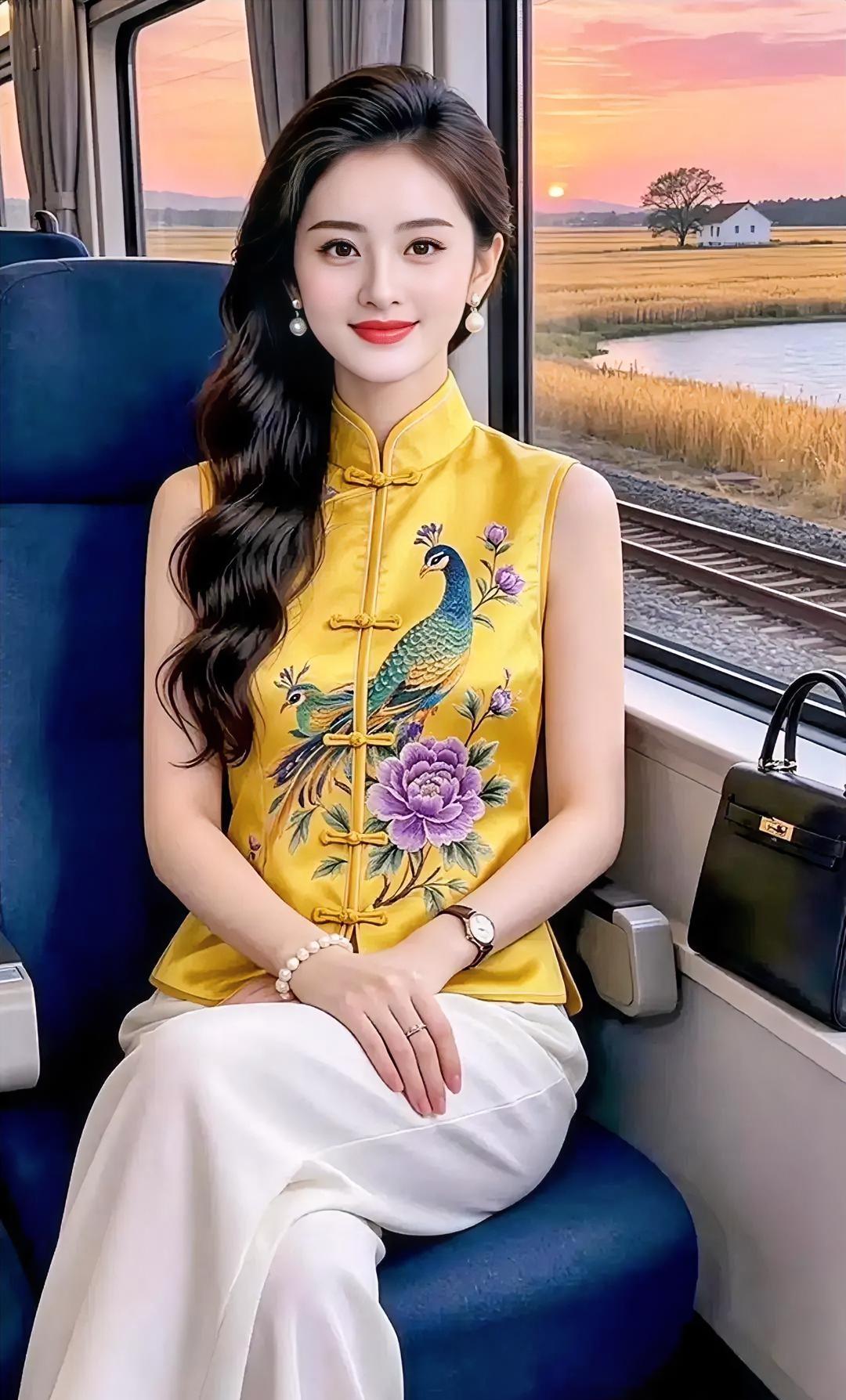 车窗框住晚霞，也框住一袭明黄。

盘扣轻系，

孔雀花开胸前。

白裤如云，
