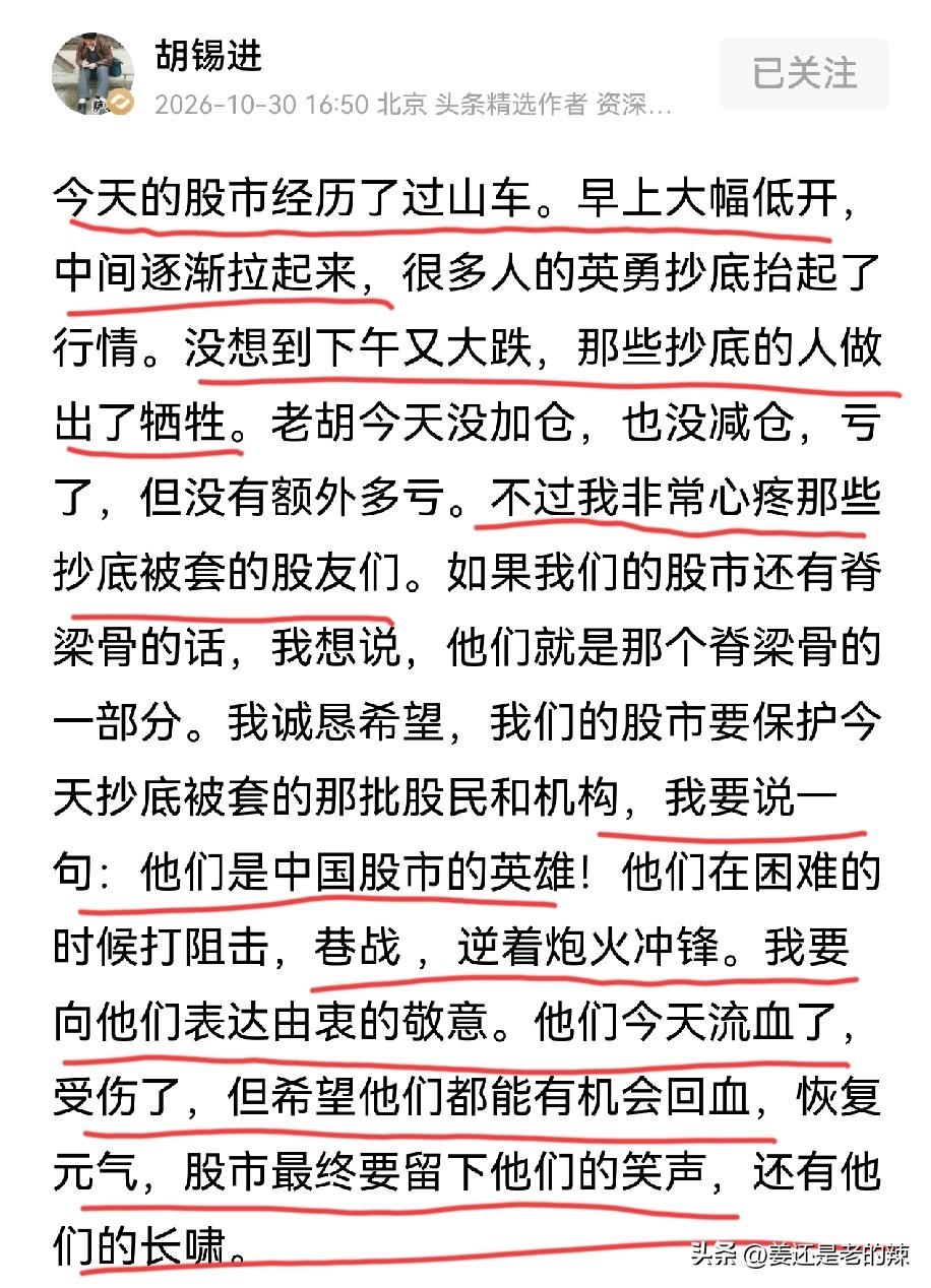 胡锡进不应该过度讨论股票，避免网友一时冲动陷进漩涡。
胡锡进作为一个资深媒体人，