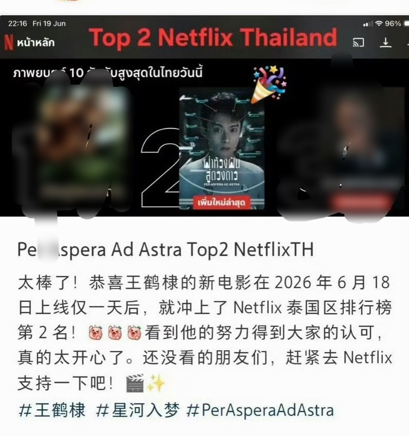 王鹤棣王鹤棣星河入梦 星河入梦一个字，夯！网飞上线一天，泰国第2，台湾第5，香港