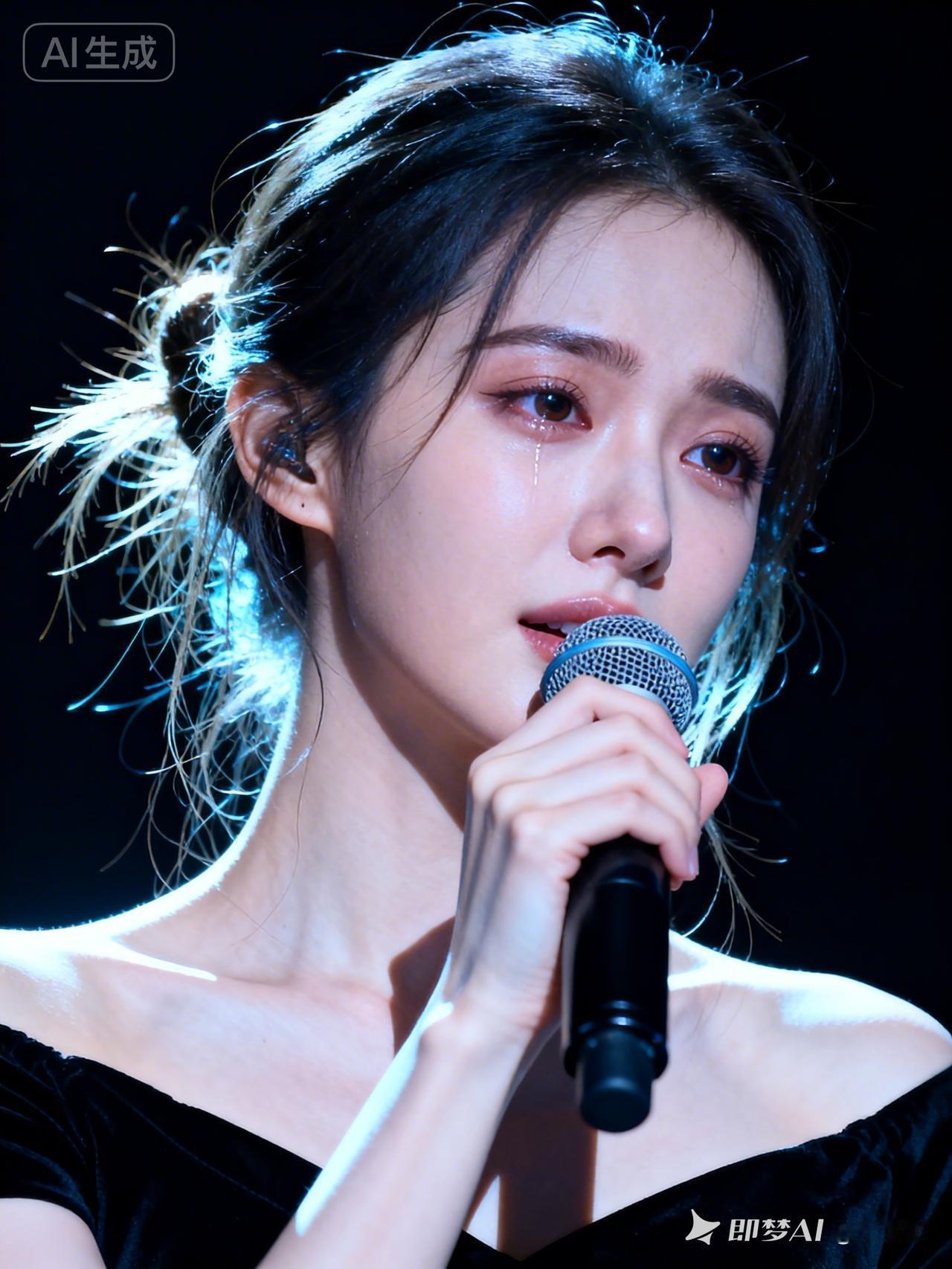 清新丽人立于纯黑背景，冷白皮水嫩光滑，白皙透亮，苹果肌饱满，尖下巴精致。简单盘发