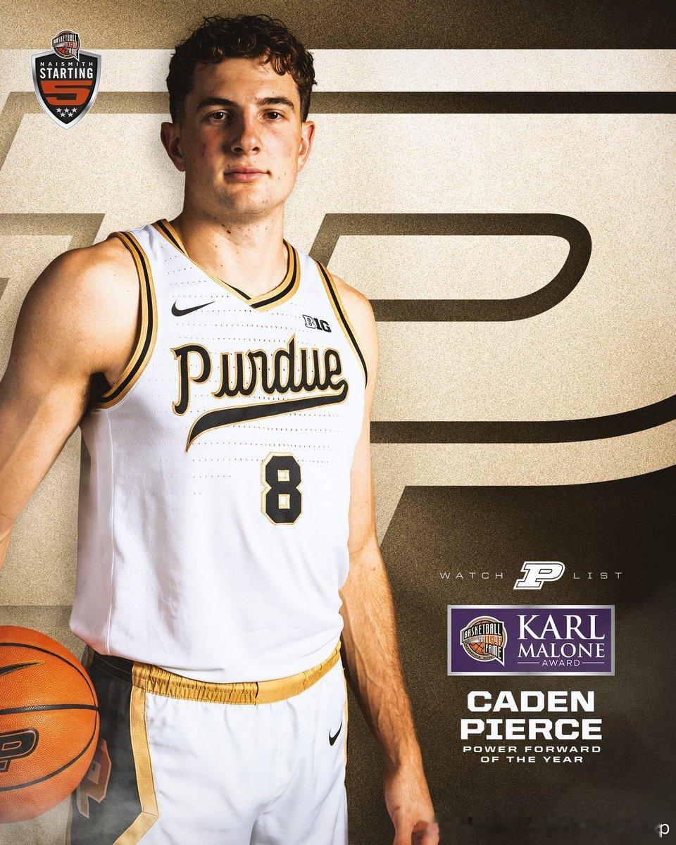 普渡大学前锋Caden Pierce入选卡尔马龙奖（全美最佳大前锋）季前候选名单
