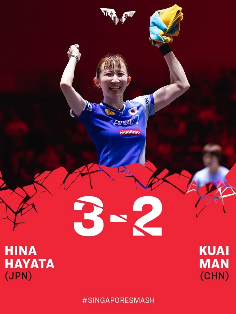 尋日3-2（局數）擊敗排位高5位嘅蒯曼之後早田 希娜（Hina Hayata）會