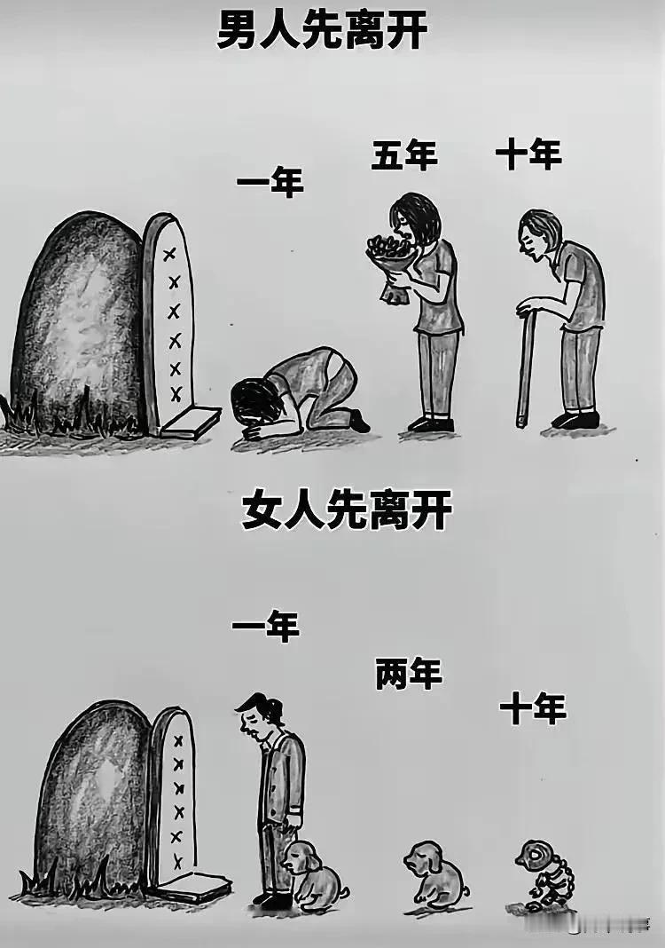 看到个很有意思的图片，如果男人先离开，不管是一年，五年，还是十年，他的妻子都会从