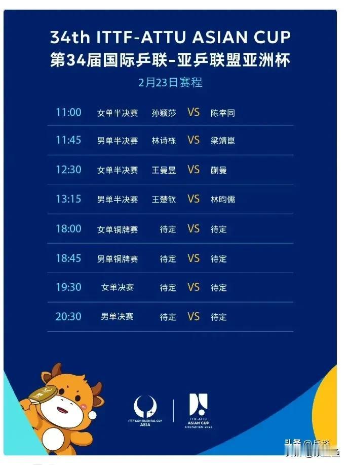 2025乒乓球亚洲杯｜2月23日全日赛程

11:00  孙颖莎🇨🇳VS陈幸