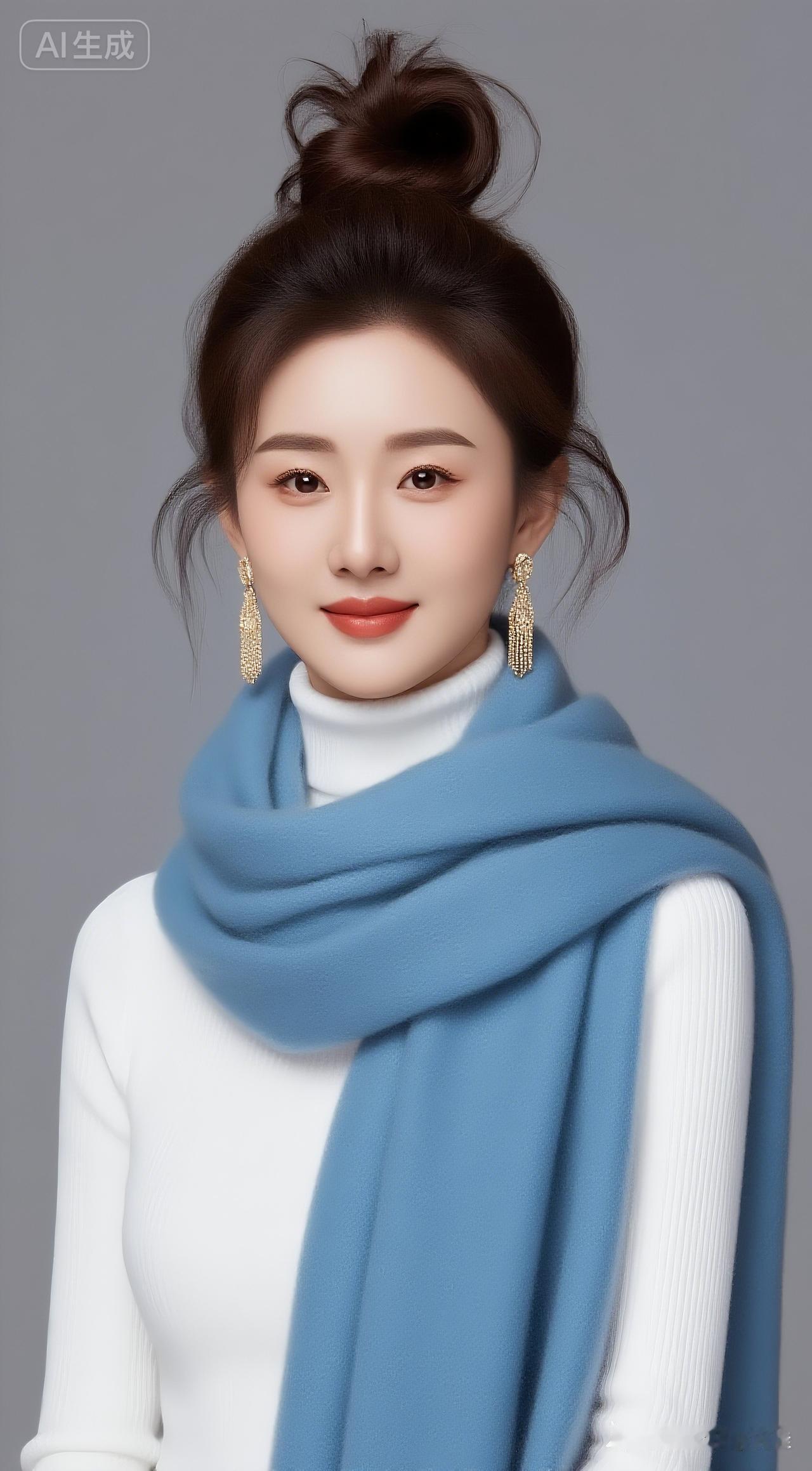 正面高清人像，精致凌乱盘发慵懒又精致，垂坠长耳坠衬得脖颈修长。蓝光质感高级，气质