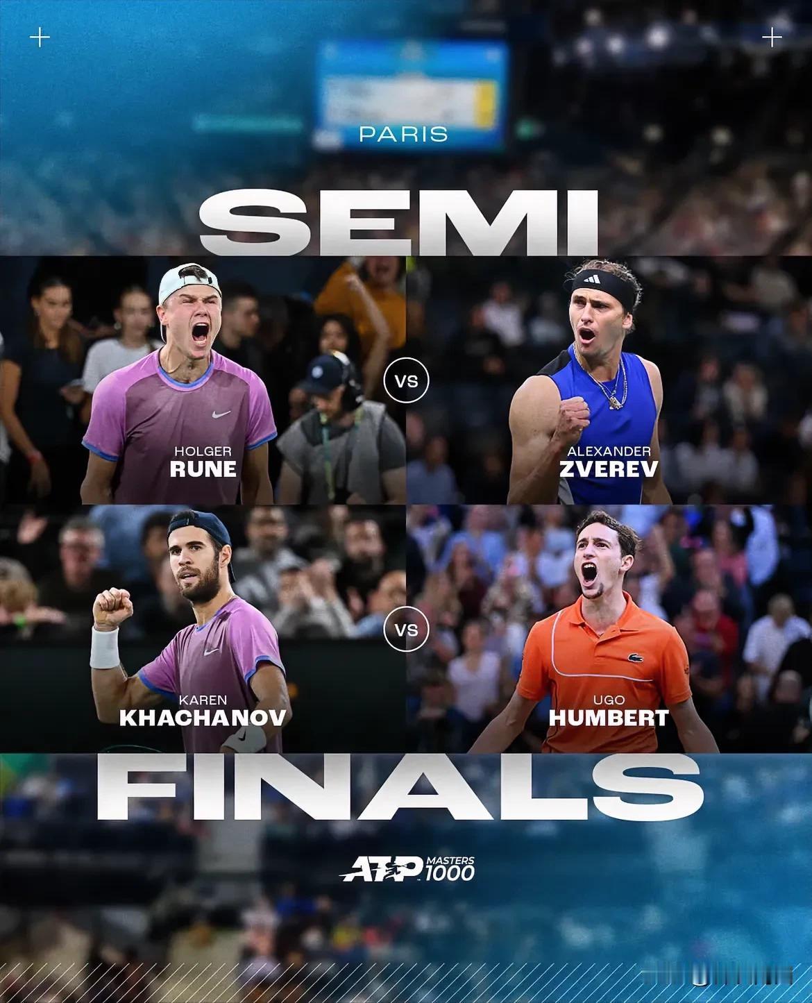 ATP1000大师赛四强。鲁内，兹维列夫，卡恰诺夫和恩贝尔。
恩贝尔一路淘汰了阿