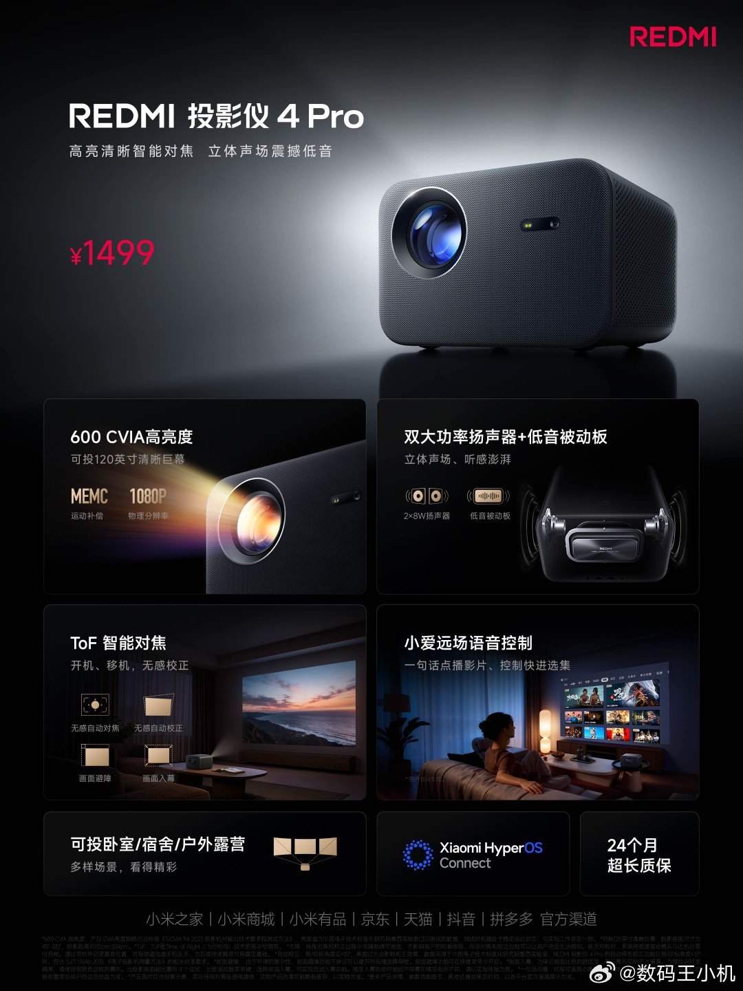 REDMI投影仪4Pro  现已全渠道开售！600 CVIA高亮度｜可投120英