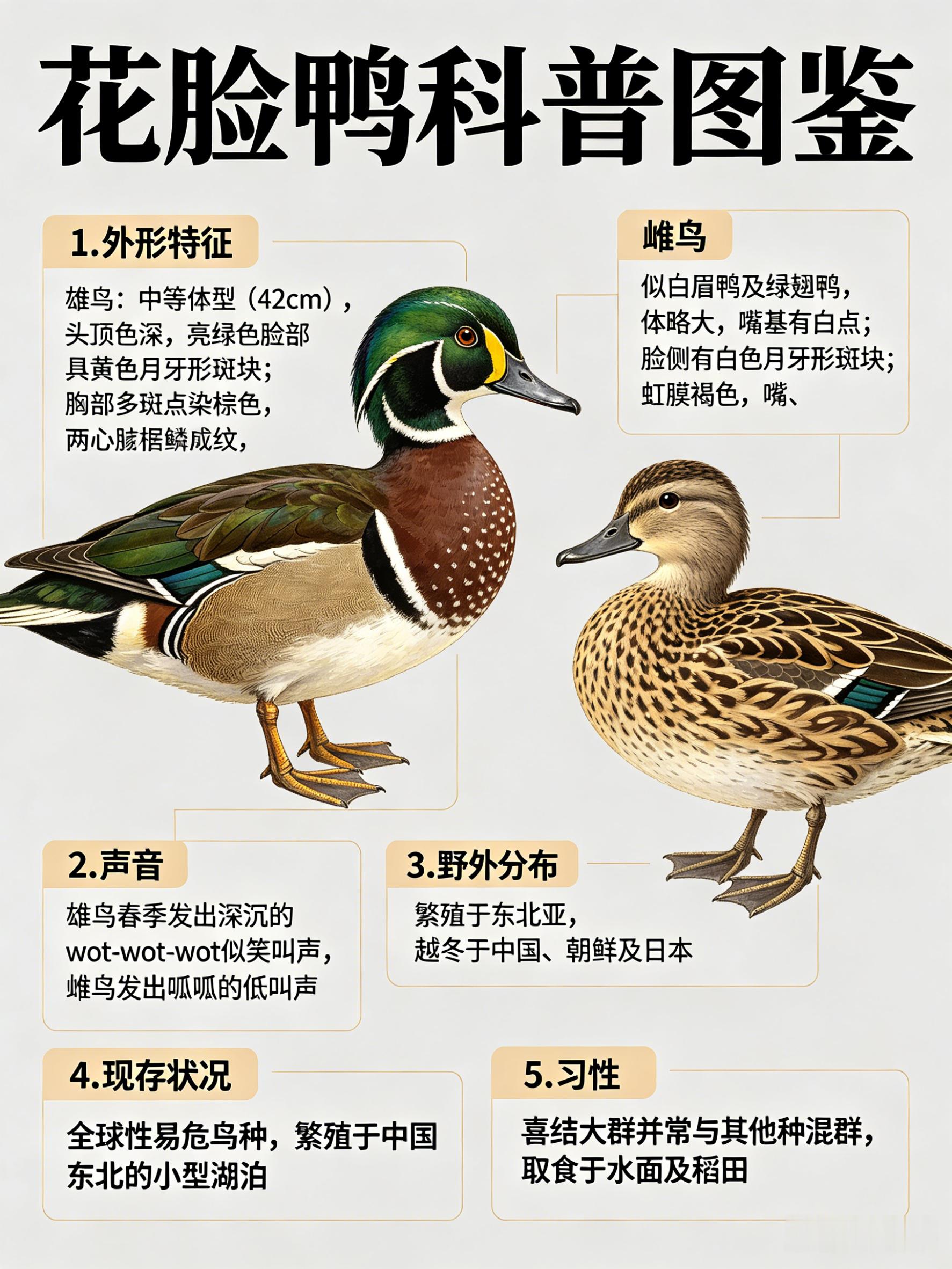 鸟类朋友图鉴 花脸鸭·科属：雁形目，鸭科。·外形特征：雄鸟：中等体型（42cm）