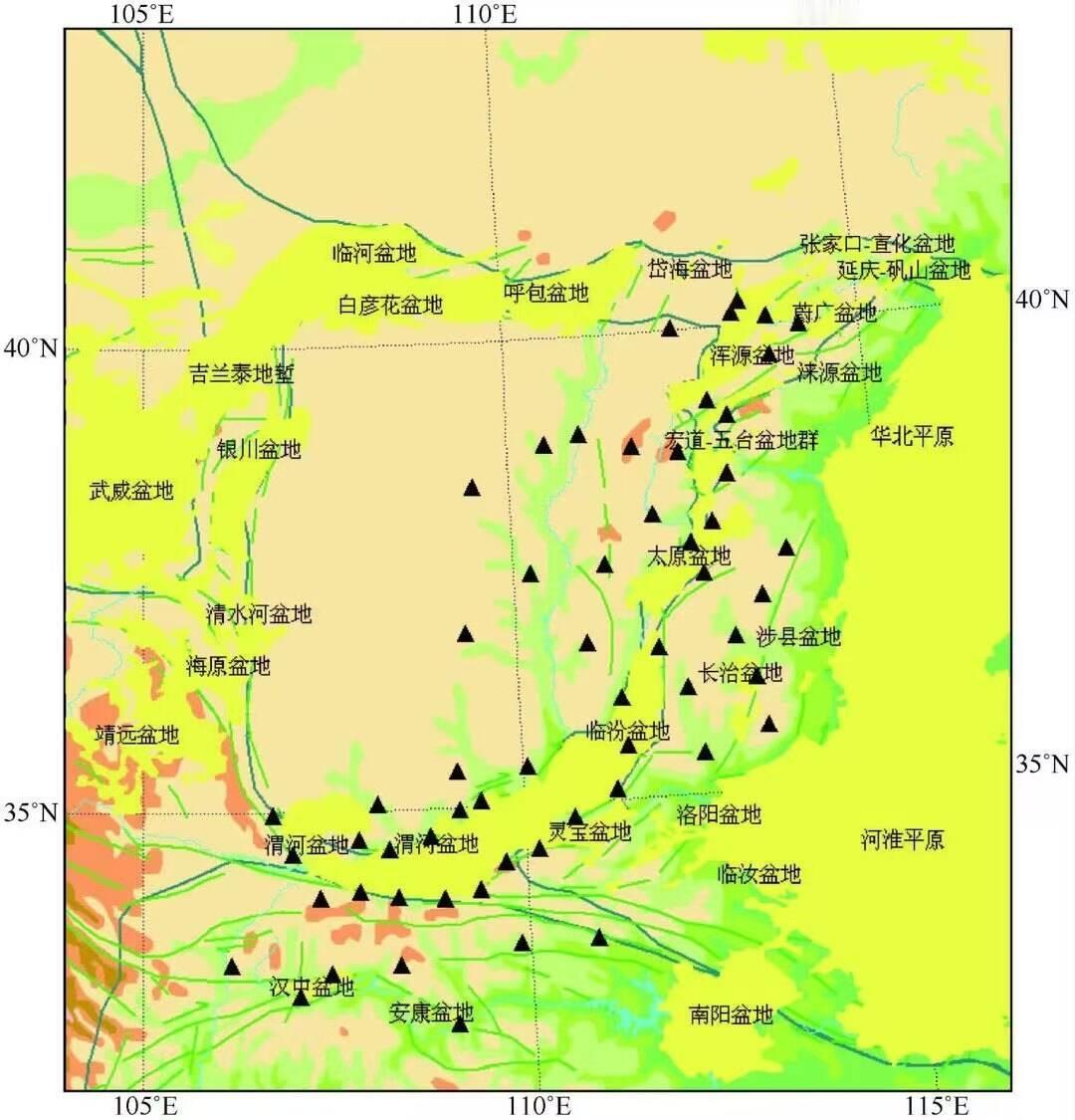 鄂尔多斯地块及周围断陷盆地示意图。图中标注有鄂尔多斯周边的一系列新生代断陷盆地，