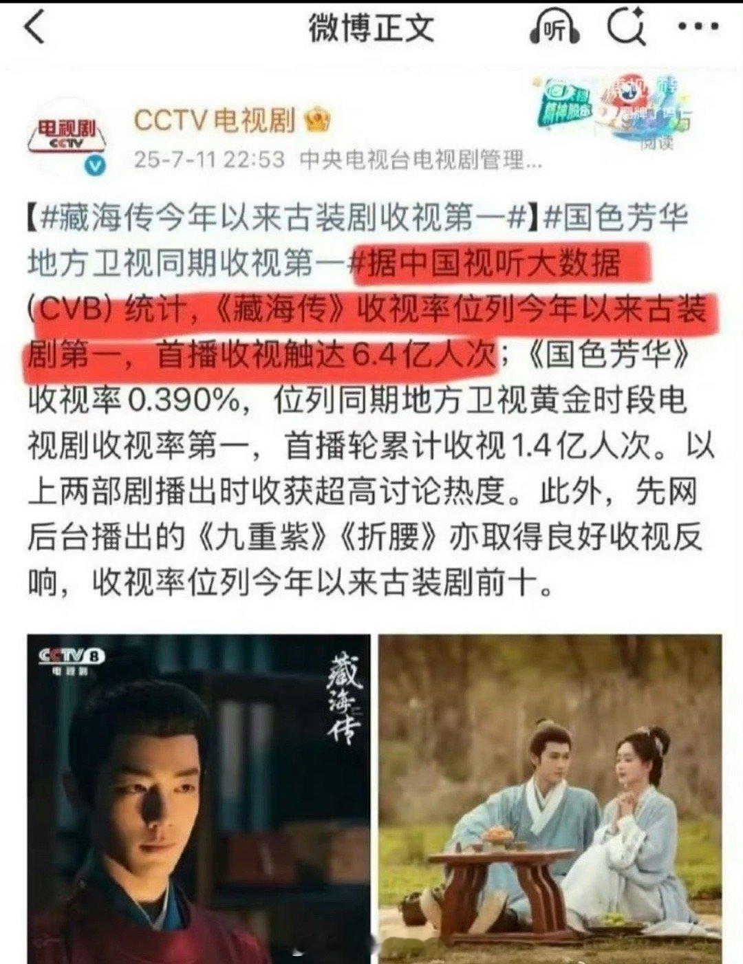 《藏海传》首播收视6.4亿人次。都读过书认识“首播6.4亿人次”这几个字吧，这年