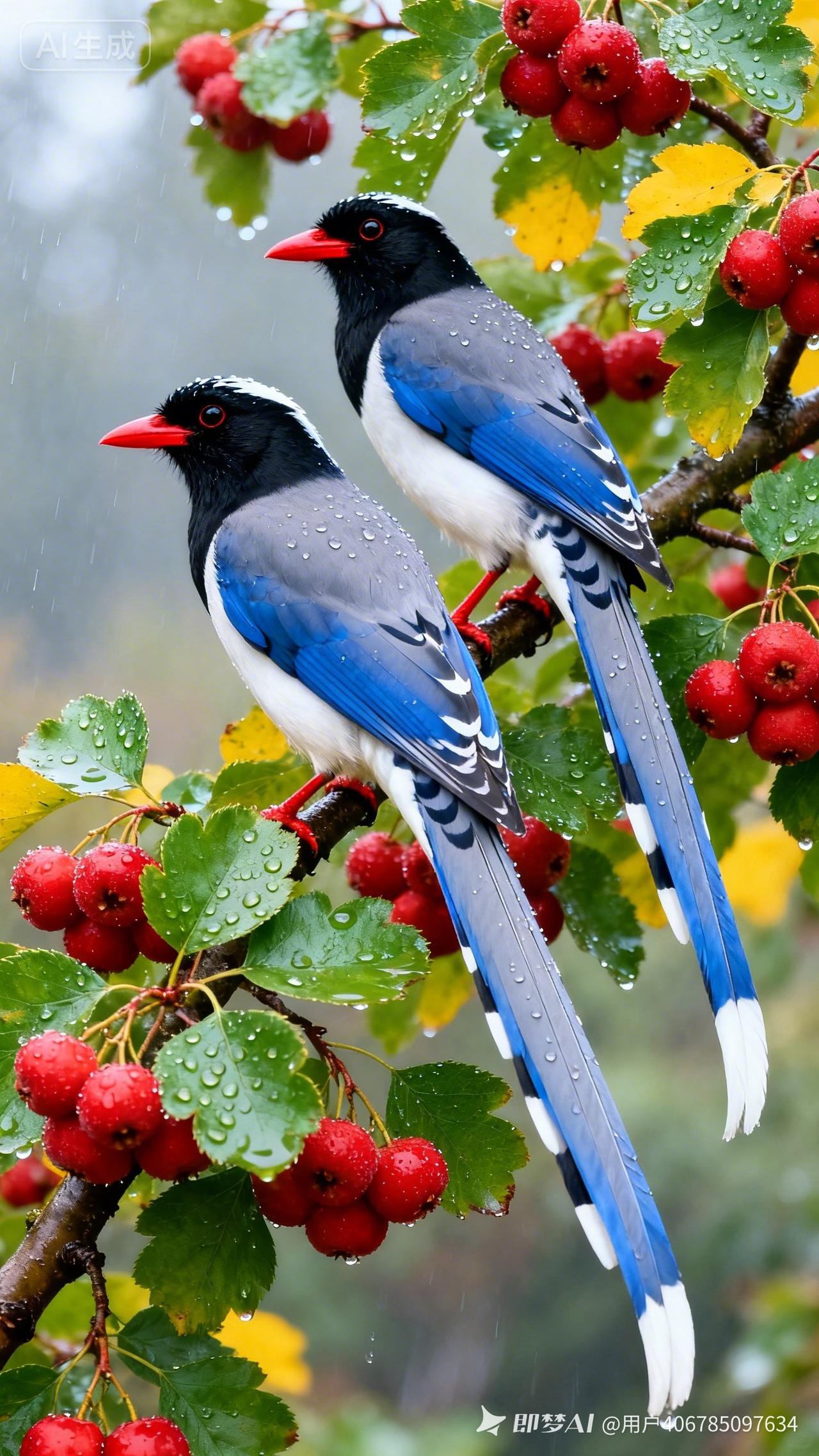 雨中鸟儿啄红果，清新自然美如画。